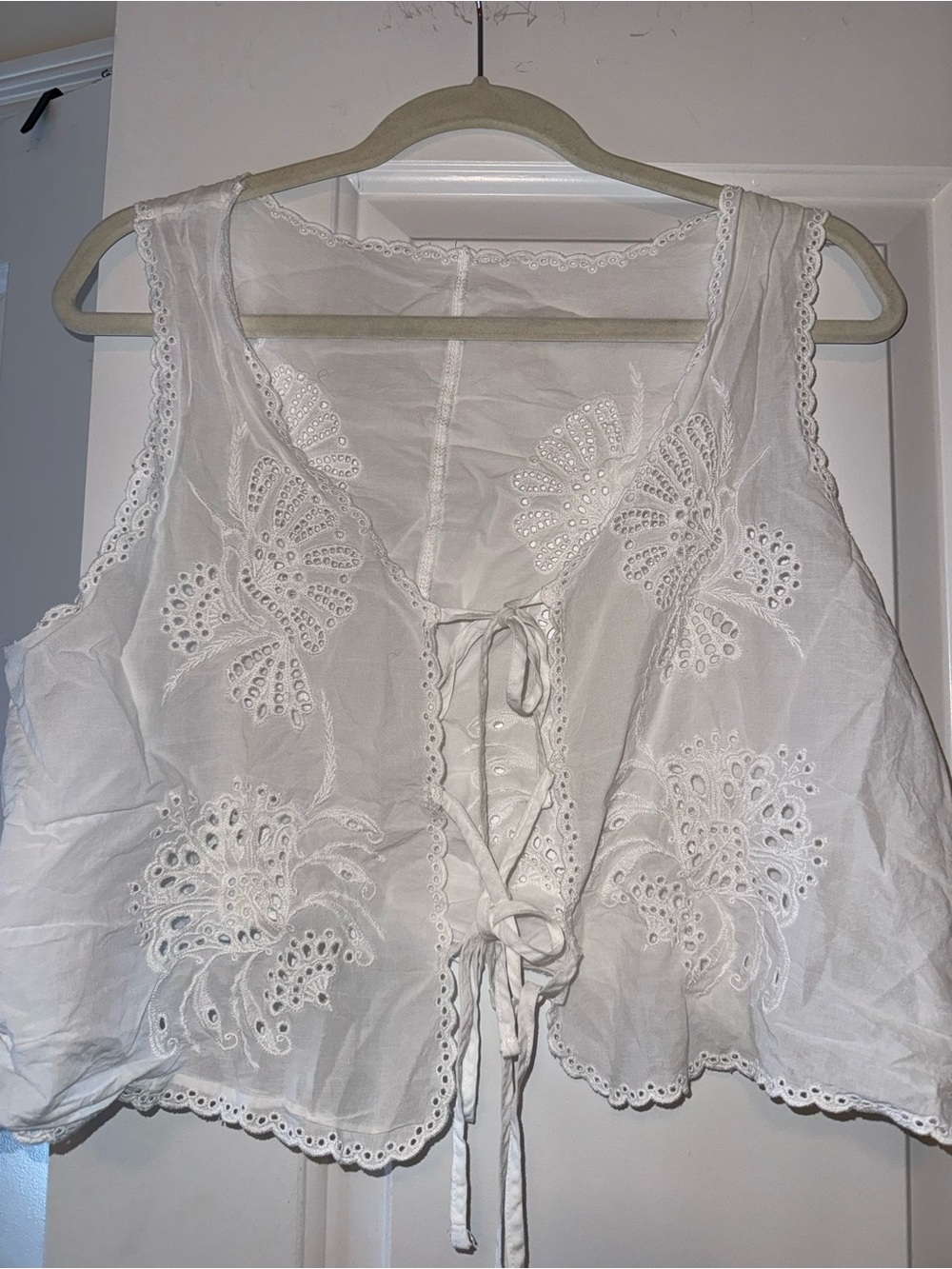 White Eyelet Tie-Front Cotton Tank Top